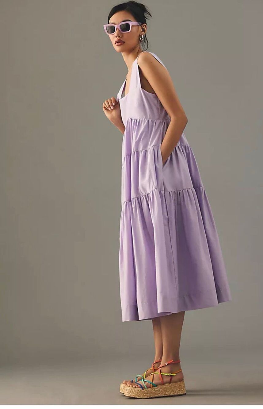 Anthropologie square neck tiered baby doll lilac midi dress large